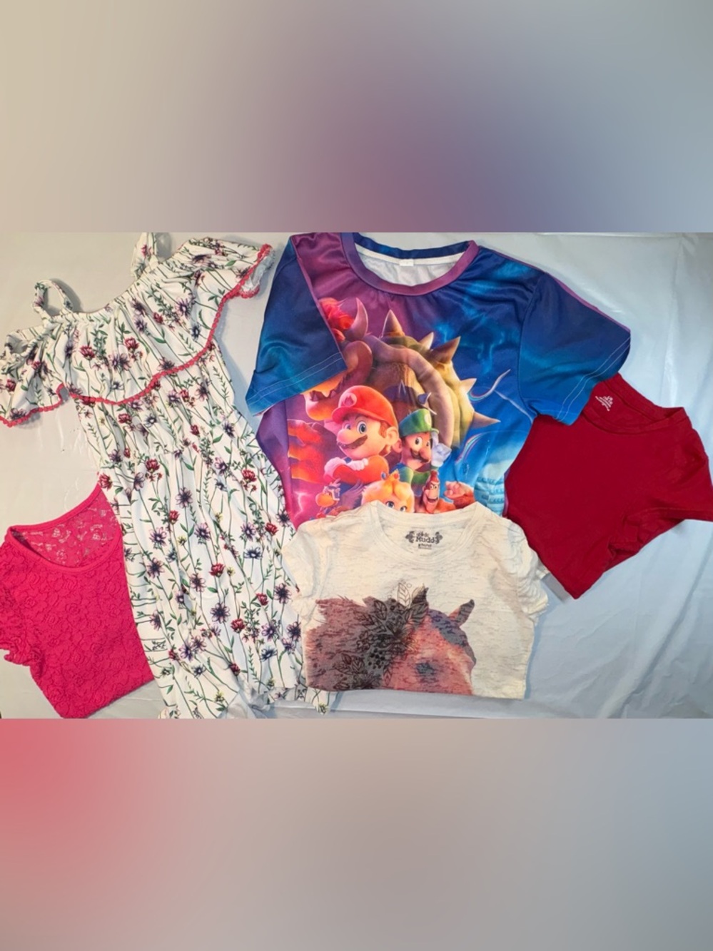 Bundle of Summery Floral Dress & 4 Tops: Mario Brothers, Lacy Pink, Gauzy Horse